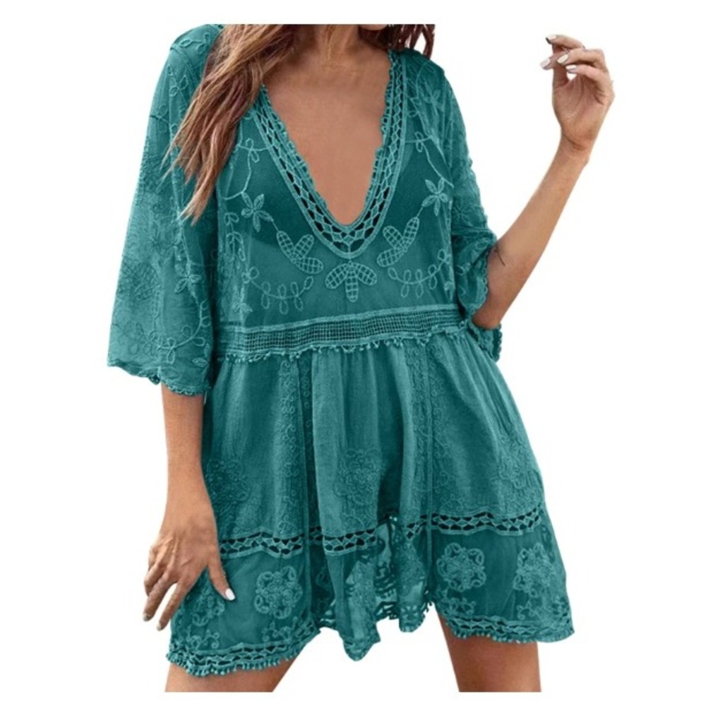 Unbranded Tunic Sage Green Floral Embroidered Crochet Lace Boho Cover Up